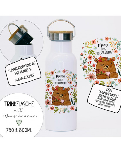 Trinkflasche Isolierflasche mit Bambusdeckel nachhalig Thermosbecher Isolierbecher Trinkbecher Bär Mama du bist unentbärlich Geschenk Bundle95 tbd24 tb096