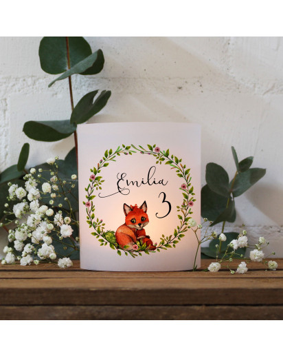 Teelichthüllen 2er 4er Set für Teelichter Lichthülle Hülle Fuchs Blumenkranz + Wunschname Alter te132