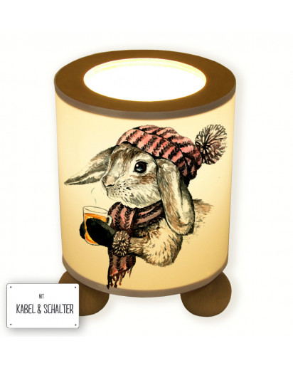 Hauptbild Tischlampe Hase Kaninchen im Winter mit Tee Wunschname table lamp rabbit bunny in winter with tea desired name