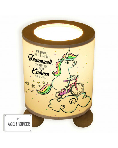 Tischlampe Nachttischlampe Lampe Einhorn auf Fahrrad mit Sternen Punkten und Spruch Traumwelt table lamp bedside lamp unicorn on bike with stars dots and saying dreamworld tl044