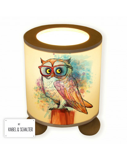 Tischlampe Nachttischlampe Leselampe Schlummerlampe Lampe Eule auf Stamm mit Brille Aquarell table lamp reading lamp snooze light owl on branch with goggles water color tl065