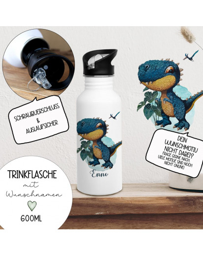 Trinkflasche Edelstahl Trinkbecher Dino Dinos Dinosaurier T-Rex Triceratops & Wunschnamen personalisiert Silikonmundstück und Strohhalm Bundle89 trk10 trk11 trk12