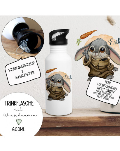 Trinkflasche Edelstahl Trinkbecher Hase Hasen Häschen Macht der Möhre Möhren Schwert & Wunschnamen personalisiert Silikonmundstück und Strohhalm Bundle90 trk13 trk14