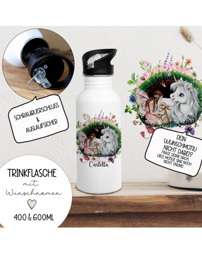 Trinkflasche Edelstahl Trinkbecher Wald Elfe Fee Feen Einhorn & Wunschnamen personalisiert Silikonmundstück und Strohhalm Bundle92 trk18 trk19