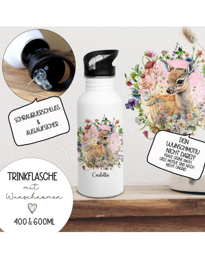 Trinkflasche Edelstahl Trinkbecher Tiere Waldtiere Blumenkranz Fuchs Reh Hase Eule Bär & Wunschnamen Silikonmundstück Strohhalm Bundle93 trk20 trk21 trk22 trk23 trk24 trk25