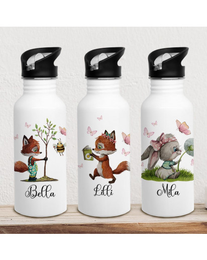 Trinkflasche Edelstahl Trinkbecher Tiere Reh Eule Elefant Fuchs Hase & Wunschnamen Silikonmundstück Strohhalm Bundle98 trk28 trk29 trk30 trk31 trk32 trk33