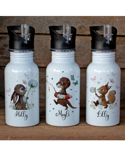 Trinkflasche Edelstahl Trinkbecher Tiere Hase Häschen Otter Eichhörchen & Wunschnamen Silikonmundstück mit Strohhalm Bundle99 trk34 trk35 trk36