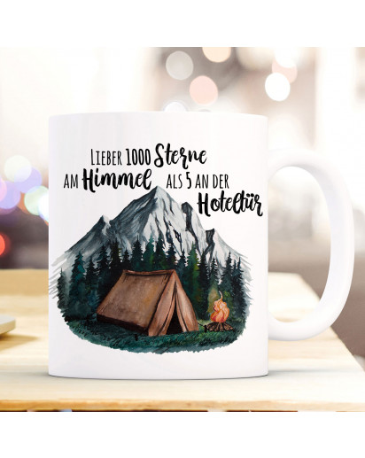 Tasse Becher Zelt campen Wildnis Wald Berge & Spruch Lieber 1000 Sterne am Himmel... Kaffeebecher Geschenk Spruchbecher ts1002