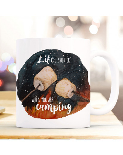 Tasse Becher Marshmallows & Spruch Life is better when you are camping Kaffeebecher Geschenk Spruchbecher ts1004