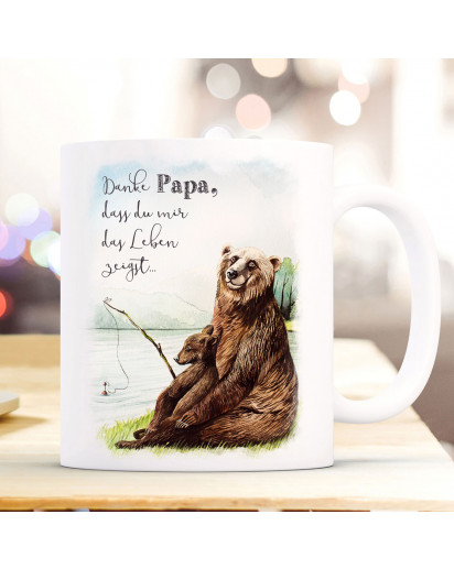 Tasse Becher Bär Bärenpapa Papa mit Junges angeln & Spruch Danke Papa,... Kaffeebecher Geschenk Spruchbecher ts1009