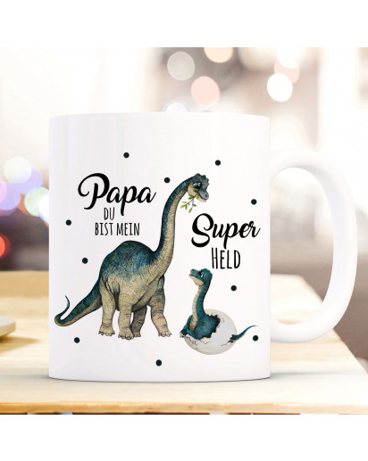 Tasse Becher Dino Dinopapa Papa mit Junges & Spruch Papa du bist mein Superheld Kaffeebecher Geschenk Spruchbecher ts1020
