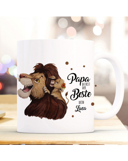 Tasse Becher Löwe Löwenpapa Papa mit Junges & Spruch Papa du bist der Beste Dein Name Wunschname Kaffeebecher Geschenk Spruchbecher ts1024