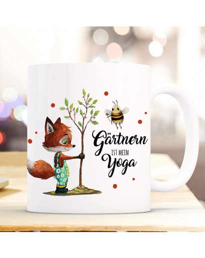 Tasse Becher Fuchs mit Hummel & Spruch Gärtnern ist mein Yoga Kaffeebecher Geschenk Spruchbecher ts1025