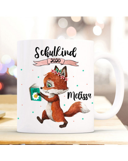 Tasse Becher Fuchs mit Buch Geschenk Schulstart mit Punkte Name Wunschnamen & Spruch Schulkind Wunschjahr ts1027