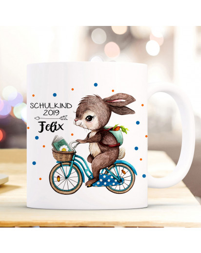 Tasse Becher Hase auf Fahrrad Geschenk Schulstart mit Punkte Name Wunschnamen & Spruch Schulkind 2019 ts1028