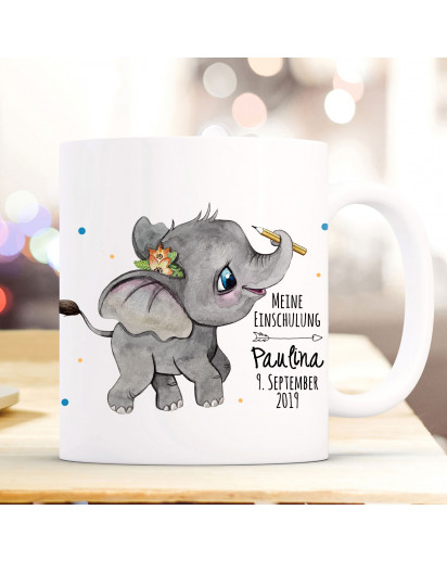 Tasse zur Einschulung Becher Elefant Geschenk Schulstart Punkte Name Wunschnamen Datum & Spruch Meine Einschulung ts1029