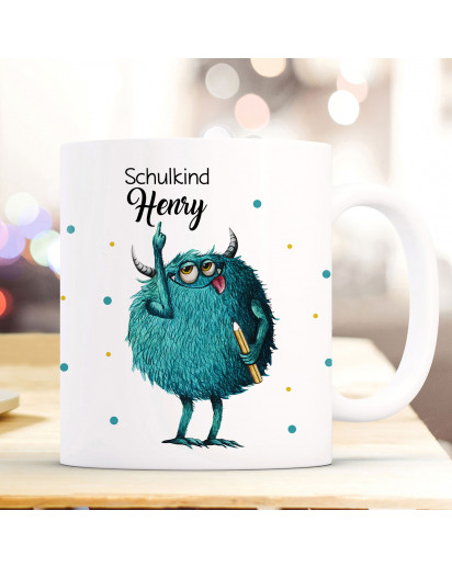 Becher Tasse zum Schulanfang Monster Punkte Spruch Schulkind Wunschname Kinderbecher Geschenk zum Schulstart ts1030