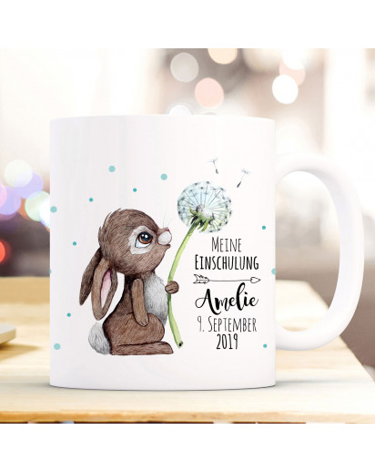 Tasse Becher Hase Häschen mit Pusteblume Geschenk Schulstart Punkte Name Wunschnamen & Spruch Schulkind 2019 ts1031