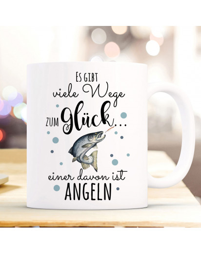 Tasse Becher Kaffeetasse Kaffeebecher mit Fisch Lachs Forelle & Spruch viele Wege zum Glück...  einer davon ist angeln ts1033