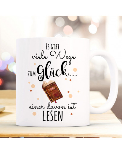 Tasse Becher Kaffeetasse Kaffeebecher mit Buch Punkte & Spruch viele Wege zum Glück...  einer davon ist lesen ts1034