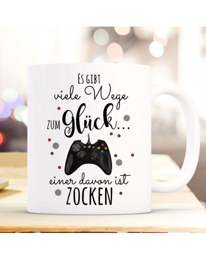 Tasse Becher Kaffeetasse Kaffeebecher mit Controller Controllpad & Spruch viele Wege zum Glück...  einer davon ist zocken ts1035