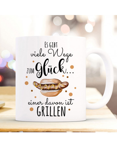 Tasse Becher Kaffeetasse Kaffeebecher mit Bratwurst im Brötchen & Spruch viele Wege zum Glück...  einer davon ist grillen ts1036