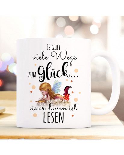 Tasse Becher Kaffeetasse Kaffeebecher Elfe Fee mit Buch & Spruch viele Wege zum Glück...  einer davon ist lesen ts1039