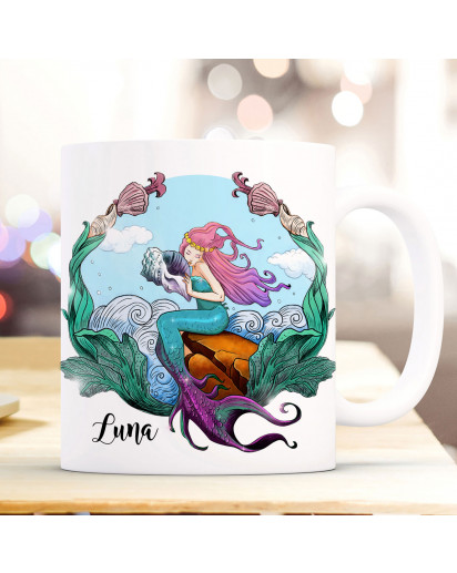 Tasse Becher Meerjungfrau auf Muschel mit Name Wunschname Kaffeebecher Geschenk Spruchbecher ts1040