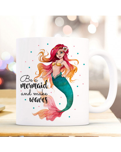 Becher Tasse Kaffeetasse mit Meerjungfrau Spruch Be a mermaid and make waves Kaffeebecher Geschenk Spruchbecher Geschenk ts1046