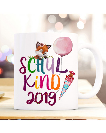 Tasse Becher zur Einschulung Geschenk Schulstart Fuchs Fuchsmädchen Schultüte Spruch Schulkind mit Jahr der Einschulung ts1048