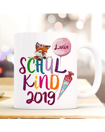 Tasse Becher zur Einschulung Geschenk Schulstart Fuchs Fuchsmädchen Schultüte Schulkind mit Wunschname + Jahr der Einschulung ts1049