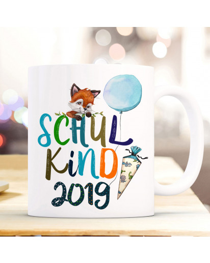 Tasse Becher zur Einschulung Geschenk Schulstart Fuchs Fuchsjunge Schultüte Spruch Schulkind mit Jahr der Einschulung ts1050