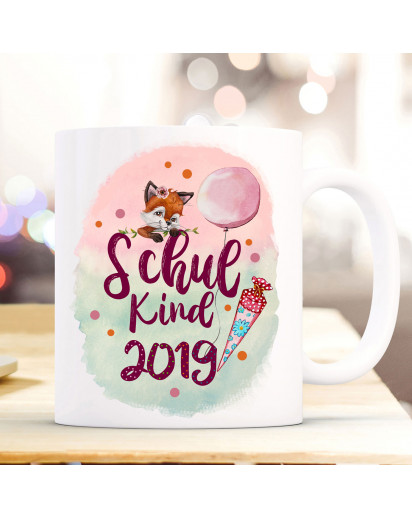 Becher Tasse zum Schulanfang Geschenk Fuchs Fuchsmädchen Schultüte Spruch Schulkind & Jahr der Einschulung bunte Punkte ts1052