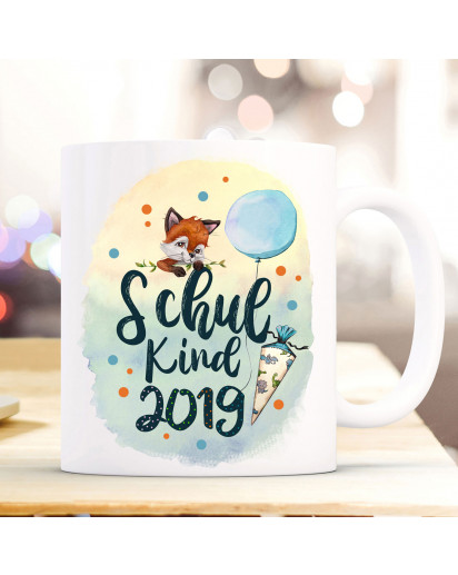 Becher Tasse zum Schulanfang Geschenk Schulstart Fuchs Junge Schultüte bunte Punkte Spruch Schulkind mit Jahr der Einschulung ts1054