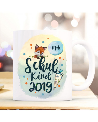 Tasse Becher zum Schulanfang Schulstart Fuchs Fuchsjunge Schultüte bunte Punkte Schulkind mit Wunschname + Jahr der Einschulung ts1054b