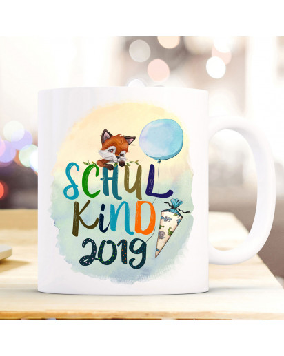 Tasse Becher zum Schulstart Geschenk Schulanfang Fuchs Fuchsjunge Schultüte bunte Schrift Schulkind mit Jahr der Einschulung ts1056