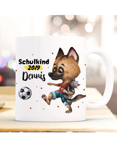 Tasse Becher zur Einschulung Hund Schäferhund mit Fußball Wunschnamen & Jahr der Einschulung bedruckt Kinderbecher Geschenk ts1061