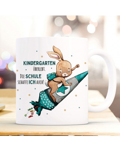 Becher Tasse zum Schulbeginn Hase Häschen auf Raketenschultüte Spruch Kindergarten überlebt. bedruckt Kinderbecher Geschenk ts1062