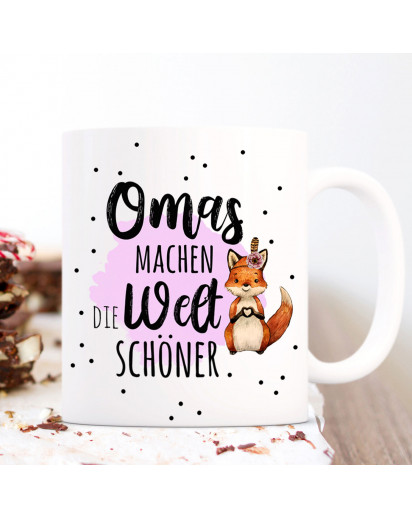 Tasse Becher mit Spruch Omas machen die Welt schöner & Fuchs Herz pink Motiv Kaffeebecher Geschenk Spruchbecher ts1063