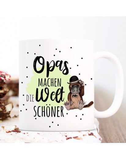 Tasse Becher mit Spruch Opas machen die Welt schöner & Schnabeltier Hut grün Motiv Kaffeebecher Geschenk Spruchbecher ts1064