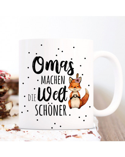 Tasse Becher mit Spruch Omas machen die Welt schöner & Fuchs Herz Motiv Kaffeebecher Geschenk Spruchbecher ts1065