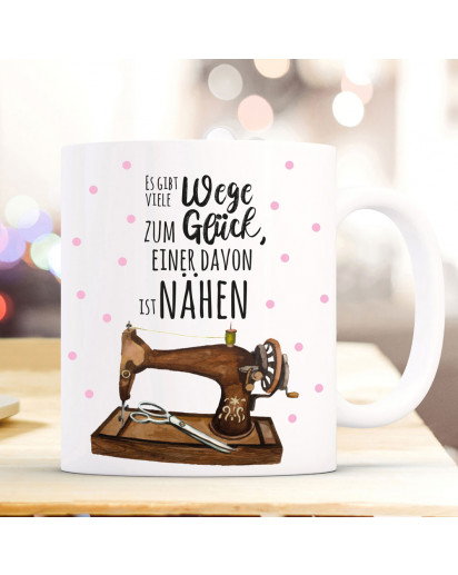 Tasse Becher Kaffeetasse Kaffeebecher mit Nähmaschine Punkte & Spruch viele Wege zum Glück. Einer davon ist nähen ts1069