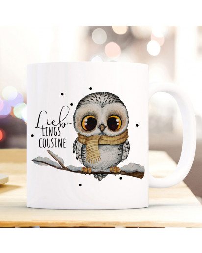 Tasse Becher mit Spruch Lieblings Cousine & Eule auf Ast Zweig Motiv Kaffeebecher Geschenk Spruchbecher ts1078