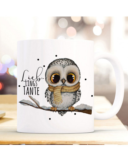 Tasse Becher mit Spruch Lieblings Tante & Eule auf Ast Zweig Motiv Kaffeebecher Geschenk Spruchbecher ts1079