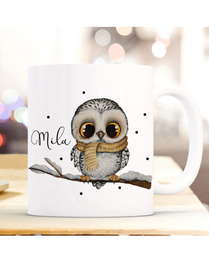 Tasse Becher Eule Eulchen auf Ast Zweig Motiv mit Wunschname Name individuell Kaffeebecher Kaffeetasse Geschenk ts1082