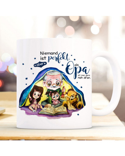 Tasse Becher mit Spruch Opa perfekt & Enkel Kinder Teddybär Opi Geschichtenerzähler Buch Motiv Kaffeebecher Geschenk Spruchbecher ts1084