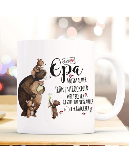 Tasse Becher mit Spruch Danke Opa Mutmacher weltbester & Bär Opabär Bärenkinder Enkel Kinder Motiv Kaffeebecher Geschenk ts1086