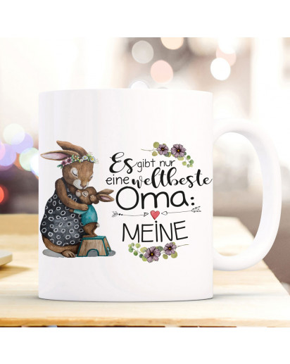 Tasse Becher mit Spruch weltbeste Oma Meine & Hase Omi Omahase Hasenkinder Enkel Kinder Motiv Kaffeebecher Geschenk ts1089