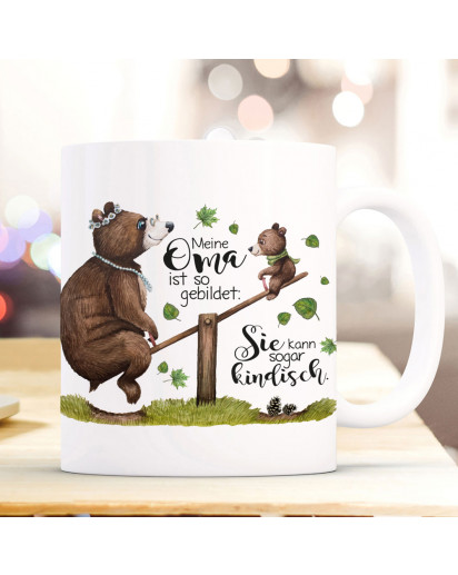 Tasse Becher mit Spruch Oma gebildet kann kindisch & Bär Omi Omabär Bärenkinder Enkel Kinder Motiv Kaffeebecher Geschenk ts1091