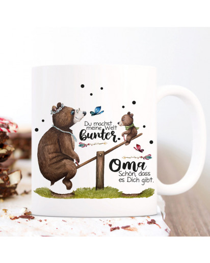 Tasse Becher mit Spruch Oma macht Welt bunter & Bär Oma Omabär Bärenkinder Enkel Kinder Motiv Kaffeebecher Geschenk ts1093